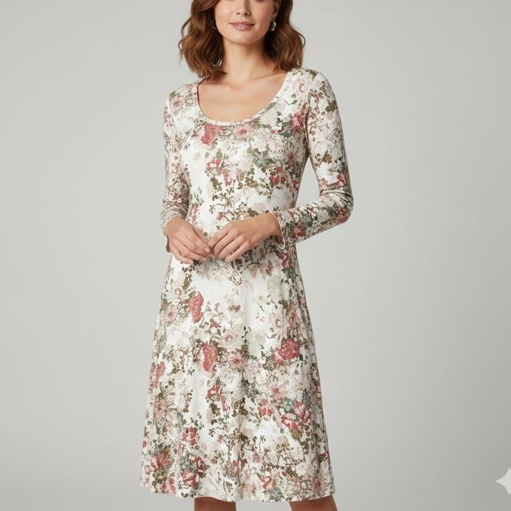 Peruvian Connection Floral Scoop Neck Long Sleeve Midi Dress Cream Pink Size XS